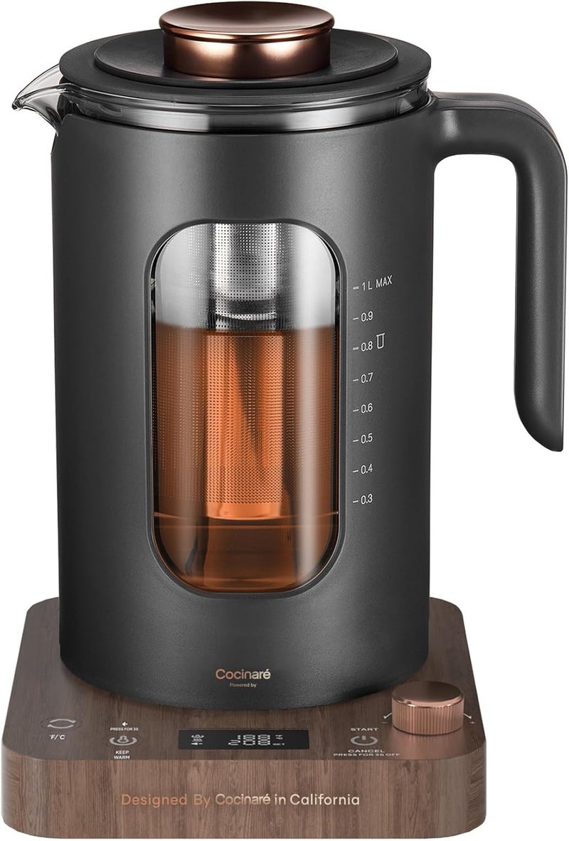 intasting Electric Tea Kettle, Glass Electric Kettle with tea Infuser and Precise knob temperature control, 1200W Fast Heating, BPA-Free, Easy to Clean, for Tea and coffee, 1 Liter (Wood) - Image 1
